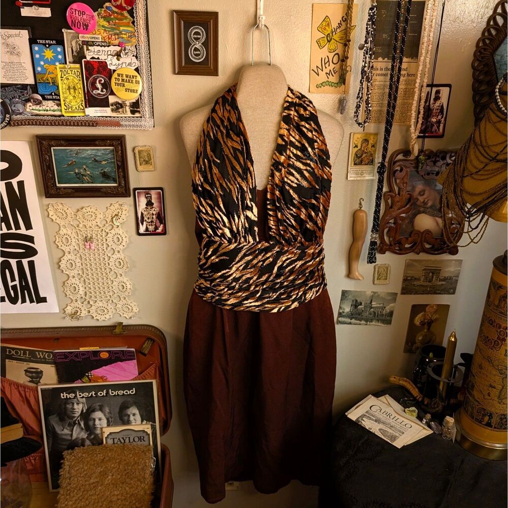 Vintage Animal Print Halter Mini Dress Women's Medium Maroon Bronze